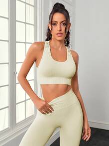 2入組無縫高彈力健身瑜伽套裝套裝工字上衣鏤空褲襪 - 杏色 - 查看 4