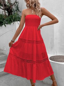 Breezaya 水溶蕾絲拼接荷葉邊抹胸連衣裙 - 紅色 - 查看 6