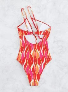 SHEIN Swim Vcay 滿版印花鏤空單肩連體泳衣 - 彩色 - 查看 3