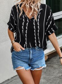 SHEIN LUNE Geo Print Batwing Sleeve Blouse