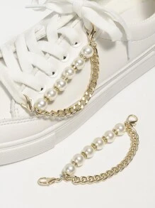 2pcs Faux Pearl & Chain Decor Shoe Decoration, Aluminum Alloy Fashionable Accessories For Sneakers