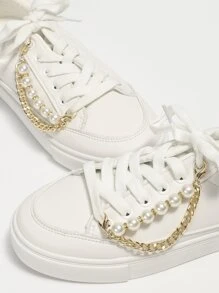 2pcs Faux Pearl & Chain Decor Shoe Decoration, Aluminum Alloy Fashionable Accessories For Sneakers