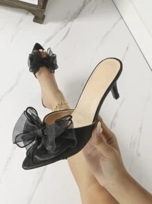 Giày sandal cao gót nữ, giày cao gót hở mũi màu đen thắt nơ, sandal cao gót màu đen nữ, dép cao gót màu đen nữ, giày cao gót mũi nhọn nữ, giày gót thấp (kitten heels), trang phục xuân hè. - màu đen - Xem 4