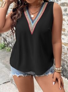 SHEIN LUNE Plus Contrast Tape Sleeveless Blouse - Black - View 3