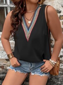 SHEIN LUNE Plus Contrast Tape Sleeveless Blouse - Black - View 6