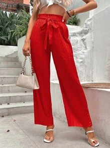 SHEIN VCAY Paperbag Waist Belted Wide Leg Trousers - Red - View 1