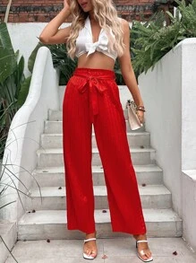 SHEIN VCAY Paperbag Waist Belted Wide Leg Trousers - Red - View 4