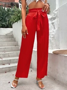 SHEIN VCAY Paperbag Waist Belted Wide Leg Trousers - Red - View 6