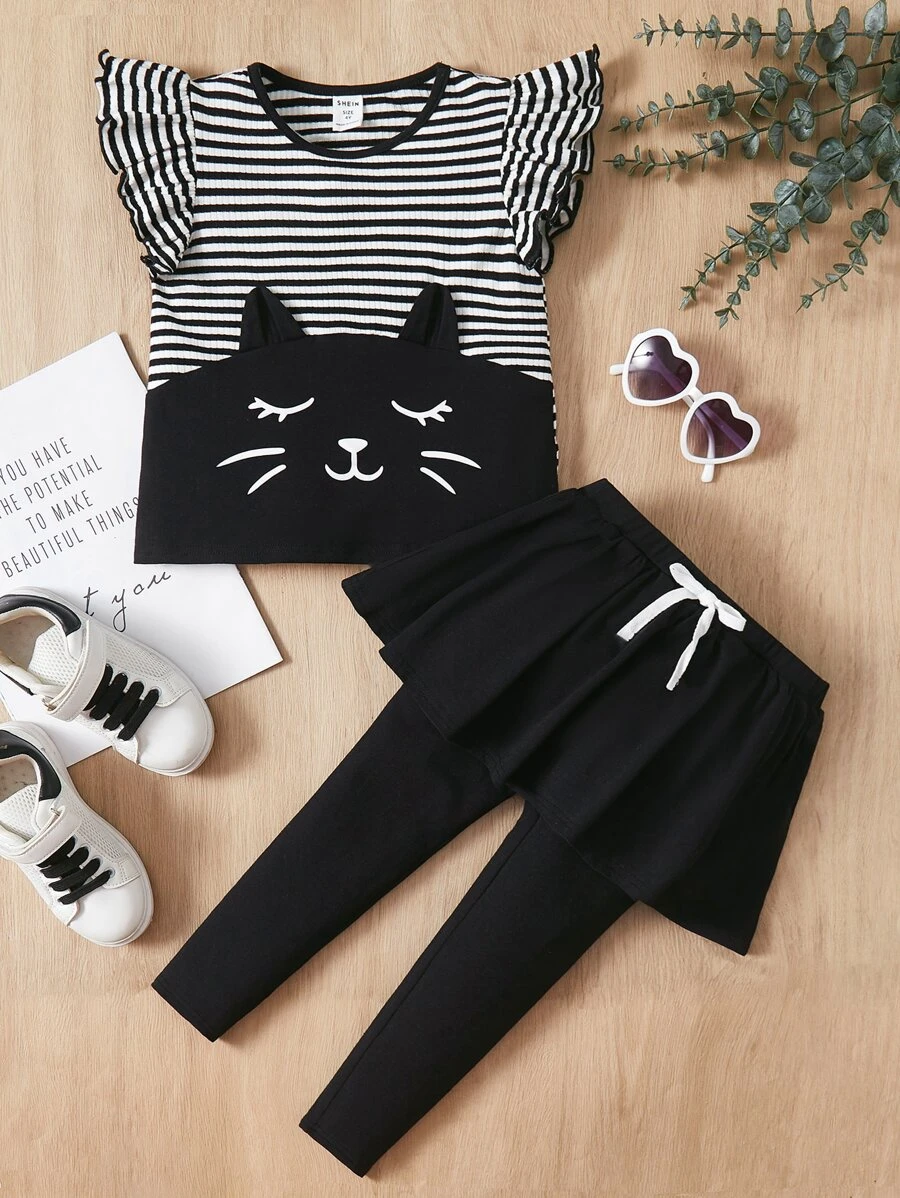 SHEIN Leap Crew Young Girl Striped & Cartoon Graphic Ruffle Trim Tee & Bow Front 2 In 1 Leggings - Black and White - View 1