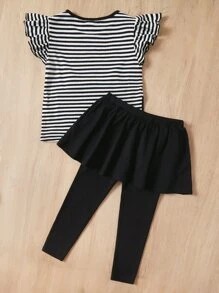 SHEIN Leap Crew Young Girl Striped & Cartoon Graphic Ruffle Trim Tee & Bow Front 2 In 1 Leggings - Black and White - View 2