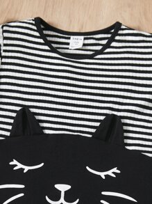 SHEIN Leap Crew Young Girl Striped & Cartoon Graphic Ruffle Trim Tee & Bow Front 2 In 1 Leggings - Black and White - View 3