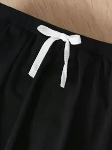 SHEIN Leap Crew Young Girl Striped & Cartoon Graphic Ruffle Trim Tee & Bow Front 2 In 1 Leggings - Black and White - View 4