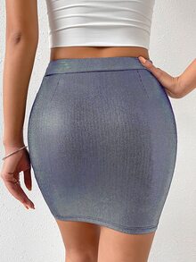 SHEIN Privé High Waist Split Hem Metallic Bodycon Skirt - Navy Blue - View 2