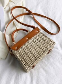 Metal Lock Flap Straw Bag,Perfect For Summer Beach Travel Vacation - Khaki - View 2