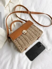 Metal Lock Flap Straw Bag,Perfect For Summer Beach Travel Vacation - Khaki - View 5