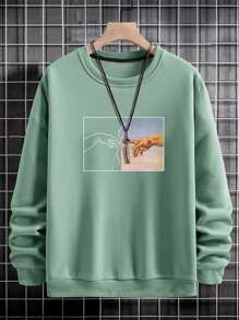 Manfinity Homme Men Hand Print Sweatshirt, Green Sweatshirt, Graphic Sweatshirt, Men Sweatshirt - Mint Green - View 4