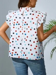 SHEIN Clasi 夏季加圆点印花荷叶边高领衬衫 - 白色 - 查看 2