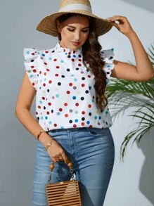 SHEIN Clasi 夏季加圆点印花荷叶边高领衬衫 - 白色 - 查看 3