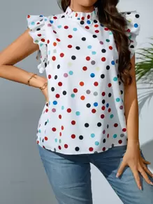 SHEIN Clasi 夏季加圆点印花荷叶边高领衬衫 - 白色 - 查看 5