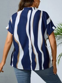 SHEIN LUNE Plus Graphic Notched Neck Batwing Sleeve Blouse - Blue - View 2