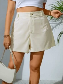 SHEIN Essnce 大碼高腰闊腿短褲 - 米色 - 查看 1