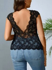 SHEIN Clasi Plus Scallop Trim Lace Top - Black - View 2