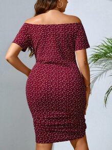 SHEIN Privé Vestido ajustado con estampado de corazón de confeti de hombros descubiertos fruncido lateral fruncido - Burdeos - Ver 2