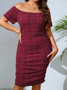 SHEIN Privé Vestido ajustado con estampado de corazón de confeti de hombros descubiertos fruncido lateral fruncido - Burdeos - Ver 3