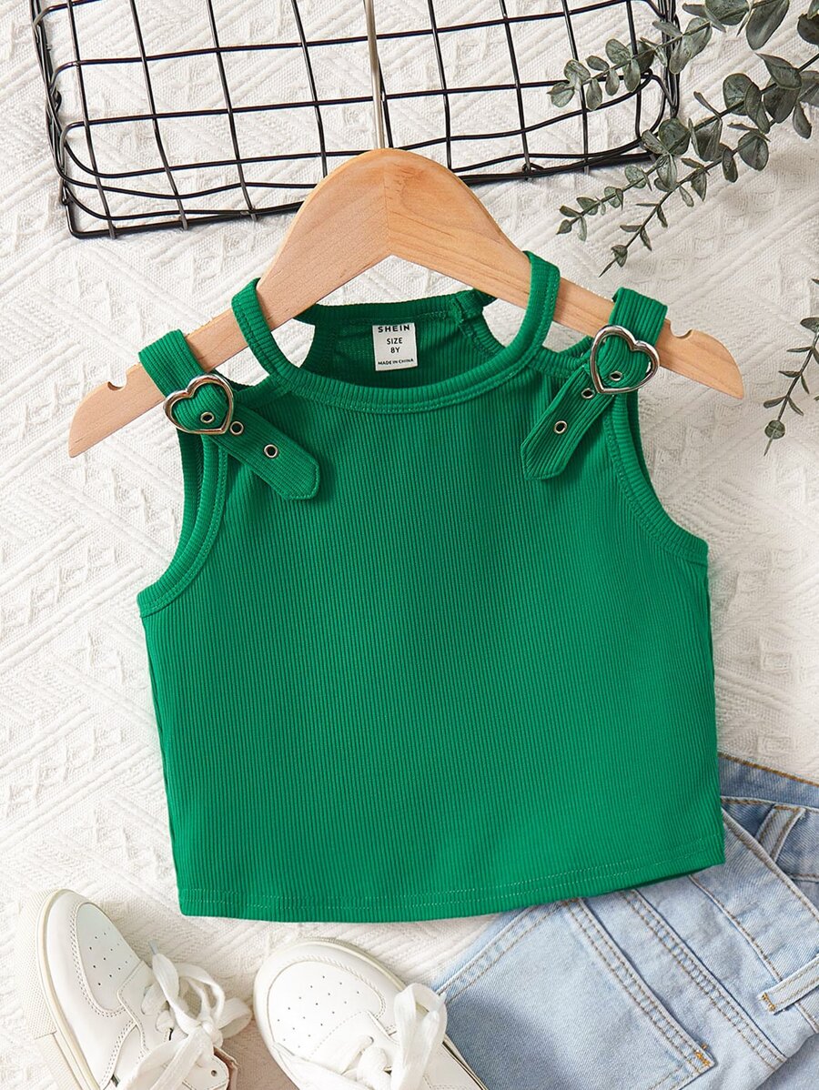 SHEIN Girls Buckle Detail Cut Out Tank Top - Green - View 1