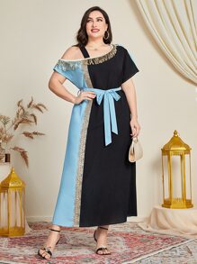 Al Najma Plus Asymmetrical Neck Contrast Sequin Belted Dress - Multicolor - View 1