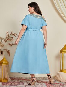 Al Najma Plus Asymmetrical Neck Contrast Sequin Belted Dress - Multicolor - View 2