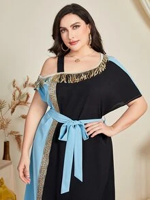 Al Najma Plus Asymmetrical Neck Contrast Sequin Belted Dress - Multicolor - View 3