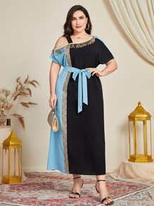 Al Najma Plus Asymmetrical Neck Contrast Sequin Belted Dress - Multicolor - View 4