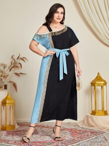 Al Najma Plus Asymmetrical Neck Contrast Sequin Belted Dress - Multicolor - View 5