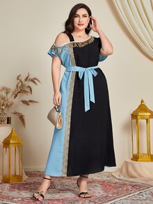 Al Najma Plus Asymmetrical Neck Contrast Sequin Belted Dress - Multicolor - View 6