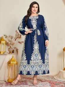 Al Najma Plus Baroque Print Belted Dress - Navy Blue - View 1