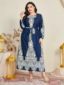 Al Najma Plus Baroque Print Belted Dress - Navy Blue - View 3