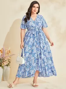 Mulvari Plus Floral Print Ruffle Hem Belted Dress - Blue and White - View 1