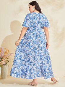 Mulvari Plus Floral Print Ruffle Hem Belted Dress - Blue and White - View 2