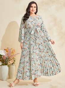 Mulvari 大碼印花百褶下擺繫腰帶洋裝 - 彩色 - 查看 1