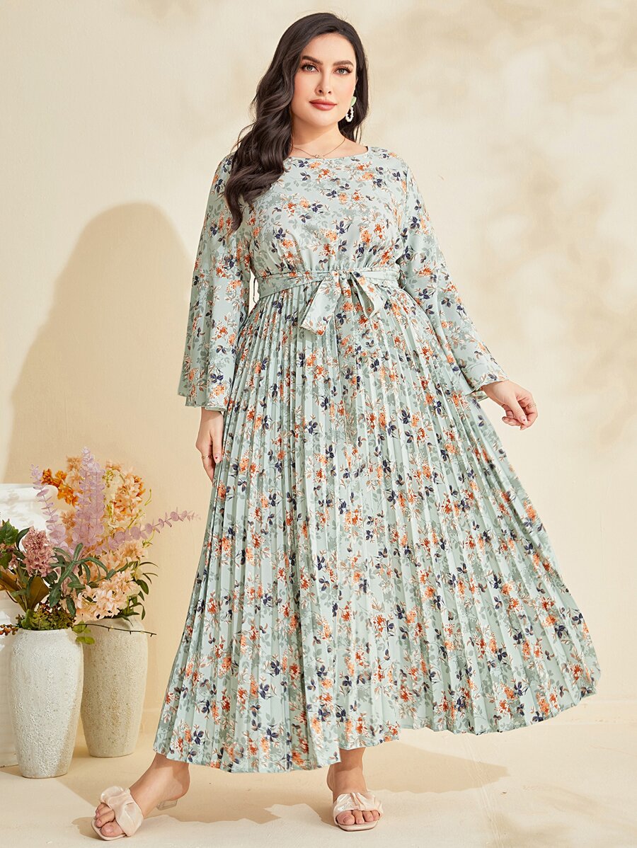 Mulvari 大碼印花百褶下擺繫腰帶洋裝 - 彩色 - 查看 1