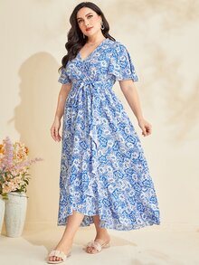 Mulvari Plus Floral Print Ruffle Hem Belted Dress - Blue and White - View 3