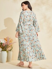 Mulvari 大碼印花百褶下擺繫腰帶洋裝 - 彩色 - 查看 2