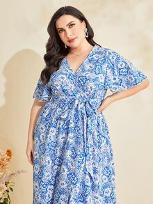 Mulvari Plus Floral Print Ruffle Hem Belted Dress - Blue and White - View 4