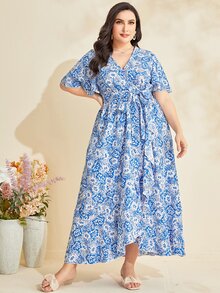Mulvari Plus Floral Print Ruffle Hem Belted Dress - Blue and White - View 5