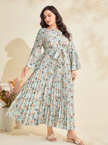 Mulvari 大碼印花百褶下擺繫腰帶洋裝 - 彩色 - 查看 4