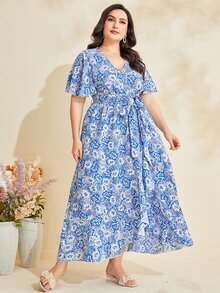 Mulvari Plus Floral Print Ruffle Hem Belted Dress - Blue and White - View 6