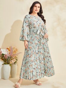 Mulvari 大碼印花百褶下擺繫腰帶洋裝 - 彩色 - 查看 6