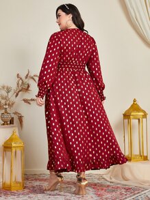 Al Najma Burgundy Red Plus Gold Dot Print Puff Sleeve Ruffle Hem Dress Maxi Women Outfit - Burgundy - View 2