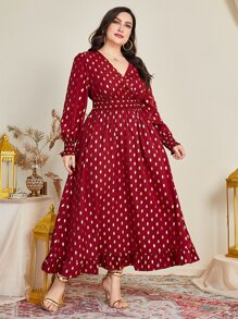 Al Najma Burgundy Red Plus Gold Dot Print Puff Sleeve Ruffle Hem Dress Maxi Women Outfit - Burgundy - View 3